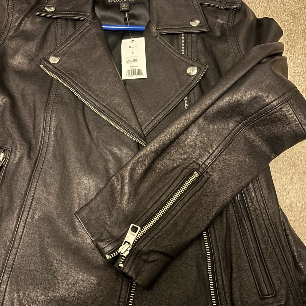 Black Leather Jacket with Zipper Details